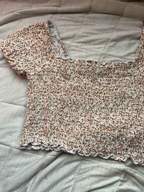 Aerie Smocked White Floral Crop Top with Orange & Green Print